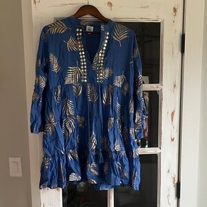 Blue and Gold Leaf Print Dress swim cover up